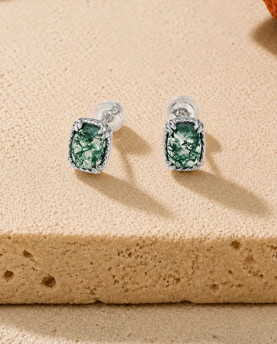 Orecchini in agata muschiata - Taglio cuscino in castone a corda intrecciata, argento 925, chiusura a vite, regalo per lei