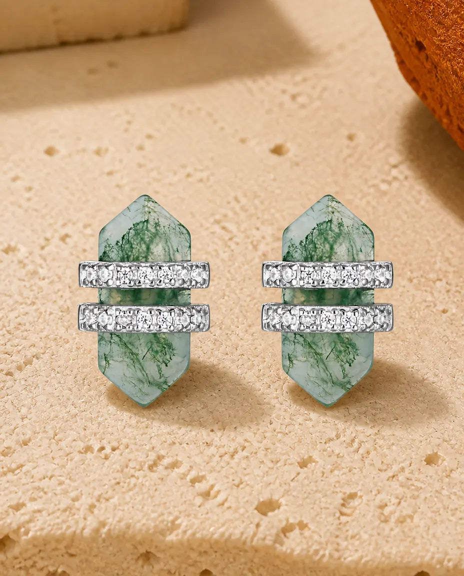 Orecchini in agata muschiata - Cristallo a doppia punta di agata verde con due barrette di zirconi, argento 925, regalo per lei