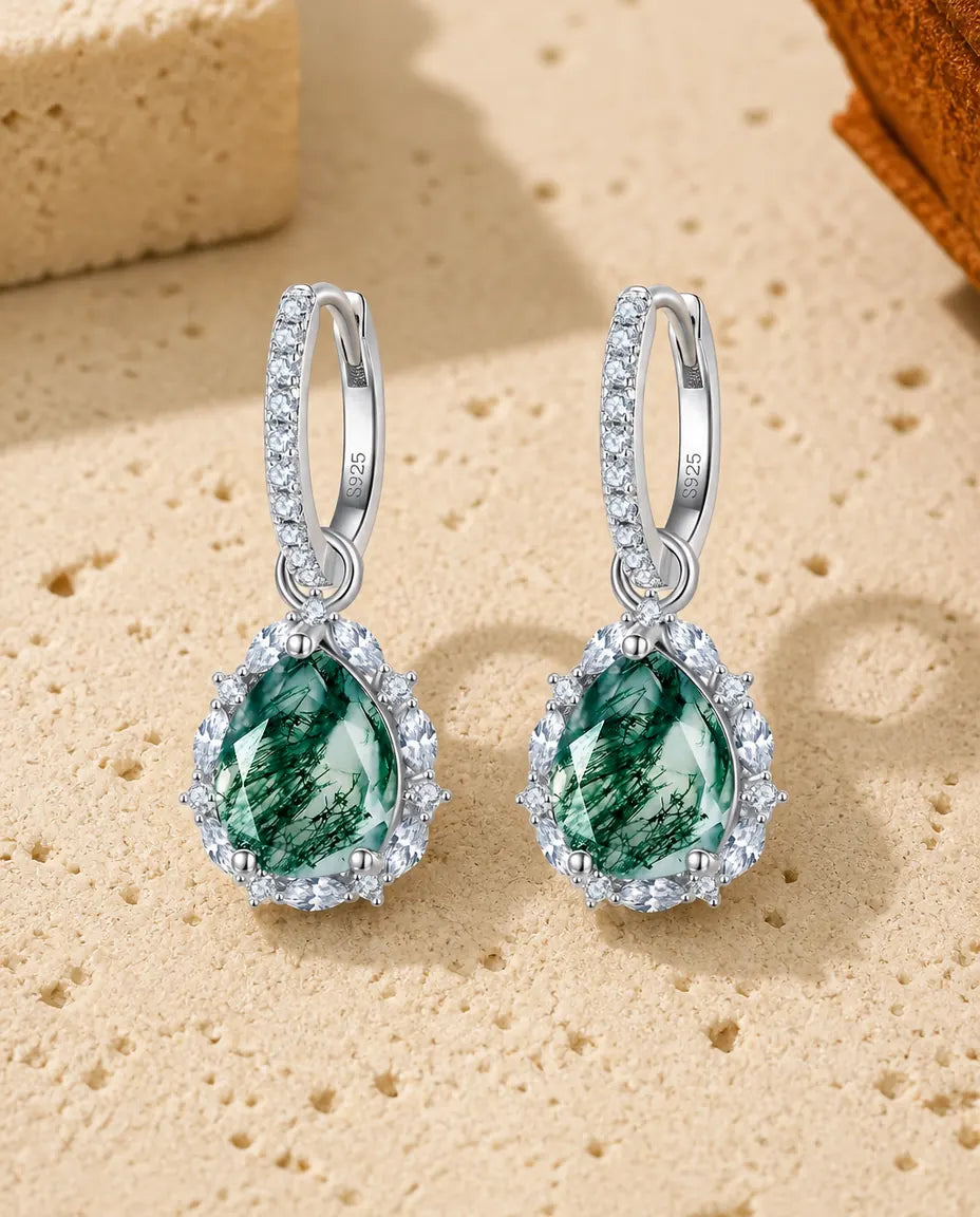 Orecchini in agata muschiata con halo - Taglio goccia su cerchietti pavé di zirconi, argento 925, regalo per lei