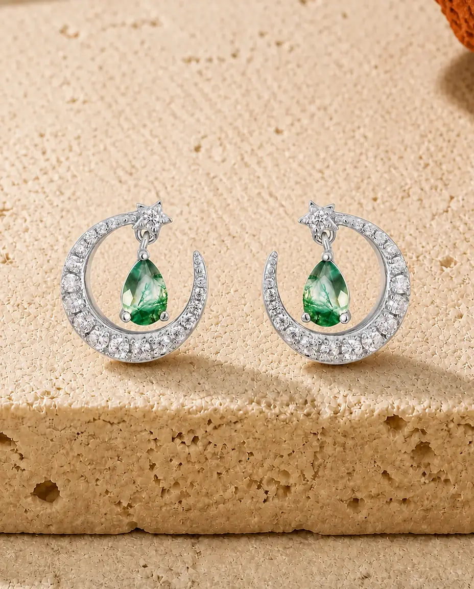 Orecchini a lobo in agata muschiata - Mezzaluna con stella e goccia di agata muschiata, argento 925, regalo per lei