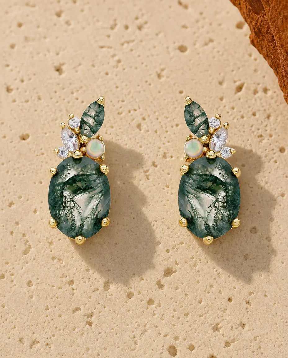 Orecchini in agata muschiata - Agata verde ovale con opale e zircone, argento 925 placcato oro 10K, regalo per lei