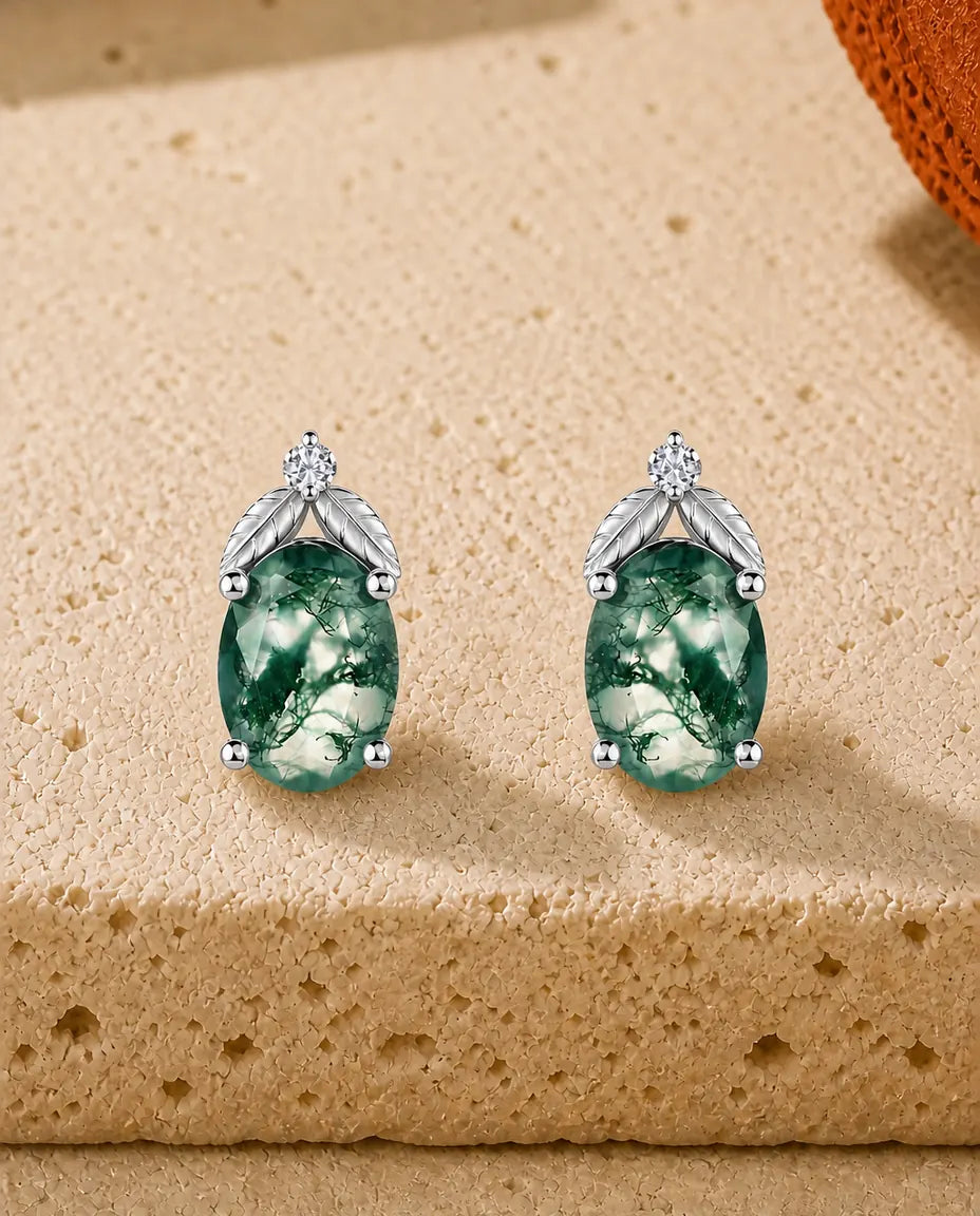 Orecchini in agata muschiata - Ovale di agata muschiata sotto due foglie d'argento e uno zircone, argento 925, regalo per lei