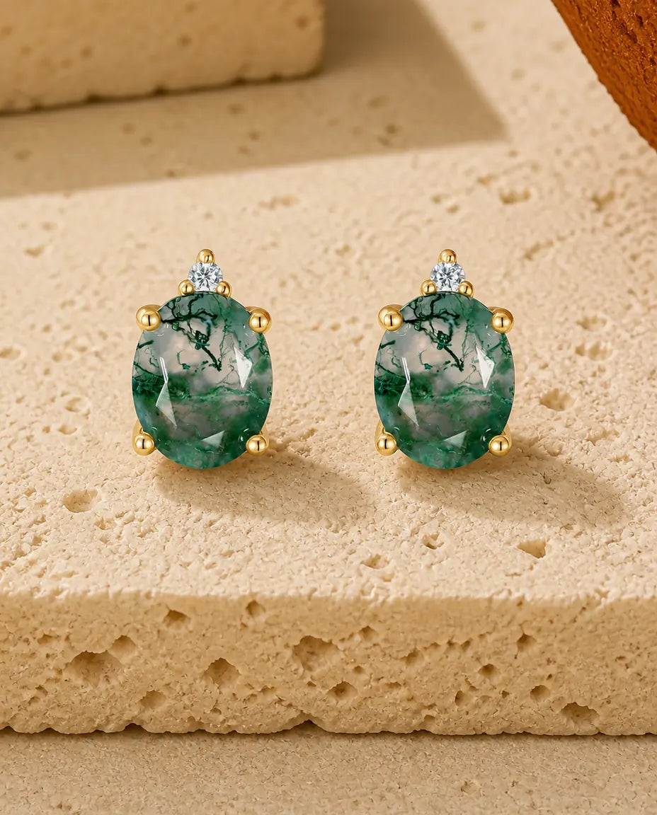 Orecchini in agata muschiata - Ovale di agata verde sormontato da uno zircone, argento 925 placcato oro 10K, regalo per lei