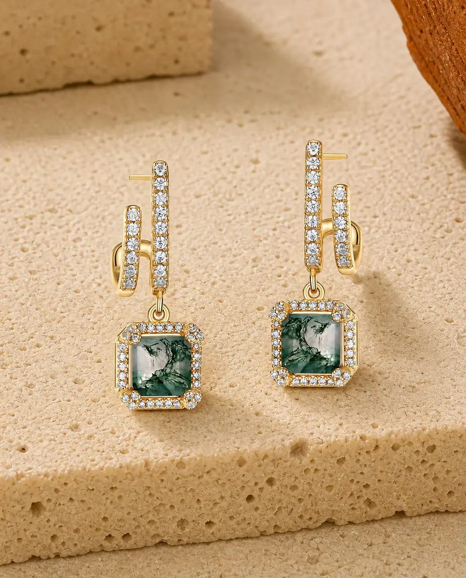 Orecchini in agata muschiata - Quadrato di agata verde con halo di zirconi su barretta, argento 925 in argento o oro, regalo per lei