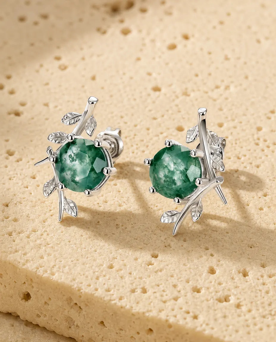 Orecchini in agata muschiata - Tonda da 8 mm con ramo di foglie in argento, argento 925, regalo per lei