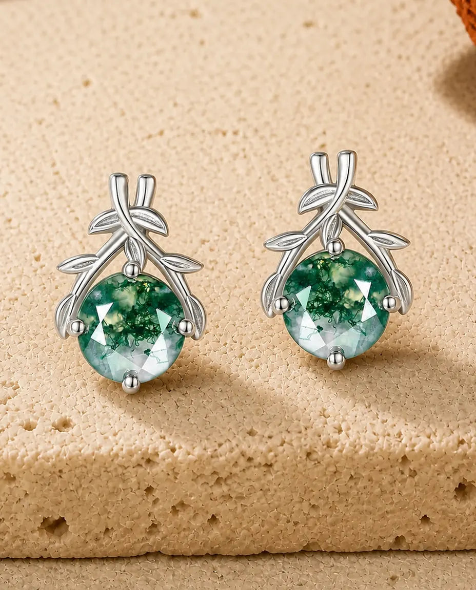 Orecchini a lobo in agata muschiata - Agata verde tonda sotto rami d'ulivo incrociati, argento 925, regalo per lei