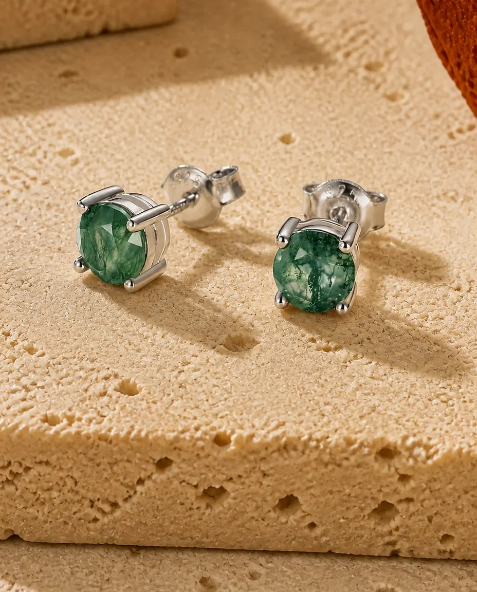 Orecchini a lobo in agata muschiata - Solitario tondo da 6 mm a quattro griffe, argento 925, regalo per lei