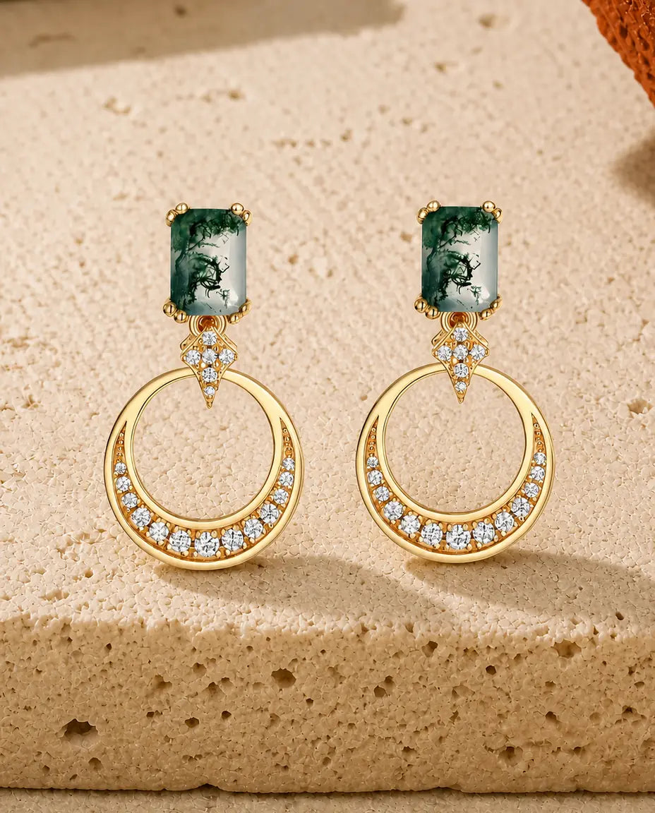 Orecchini in agata muschiata - Agata muschiata taglio smeraldo con cerchio pavé aperto, argento 925 in argento o oro, regalo per lei