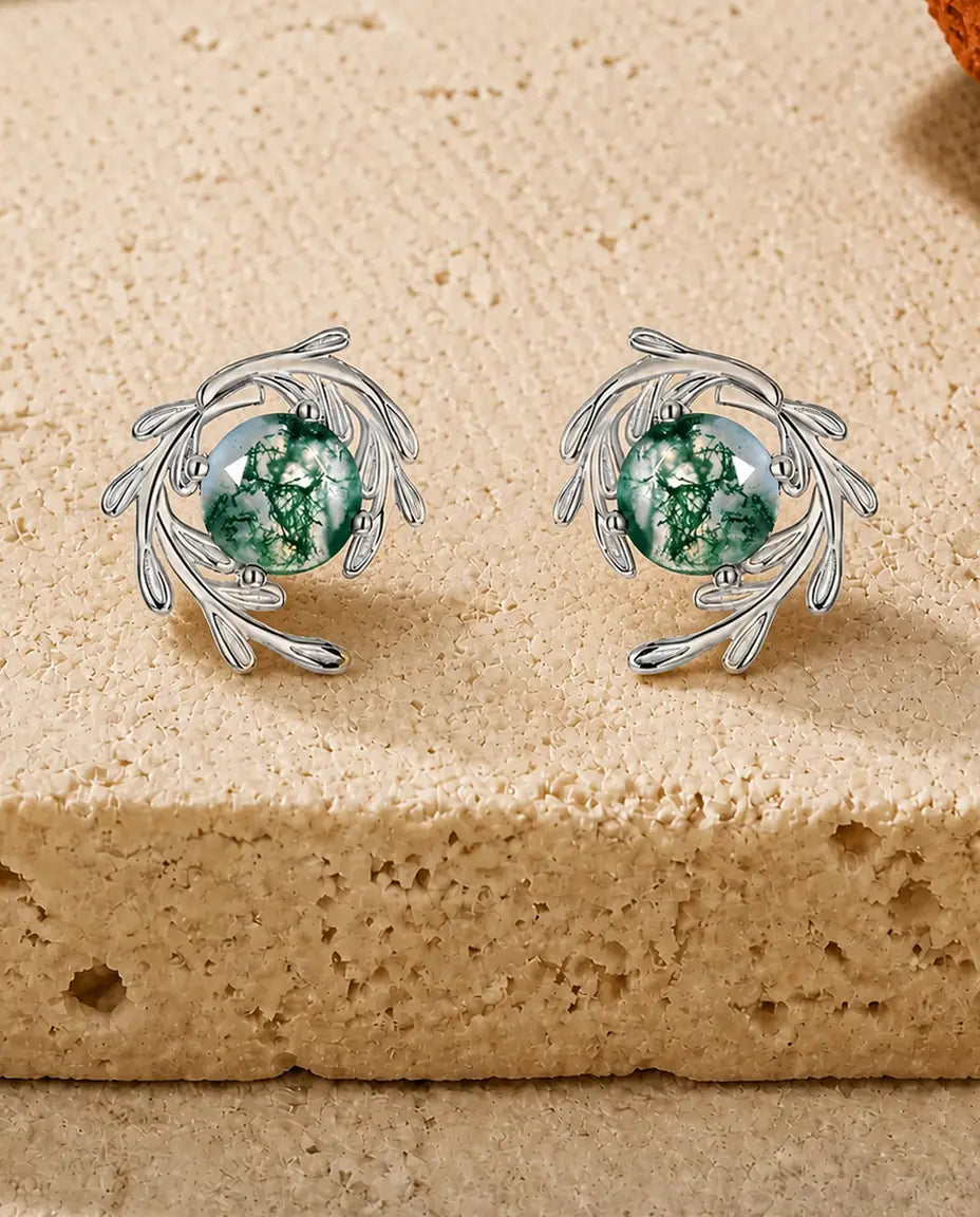 Orecchini in agata muschiata - Agata muschiata tonda in un vortice di volute d'argento, argento 925, regalo per lei