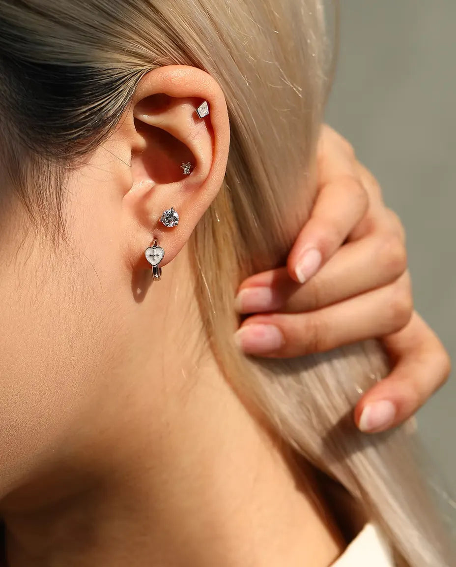 Orecchini a Cerchio con Cuore e Croce - cuore bianco perlato 5,5 x 6 mm, cerchio da 12,5 mm, argento 925