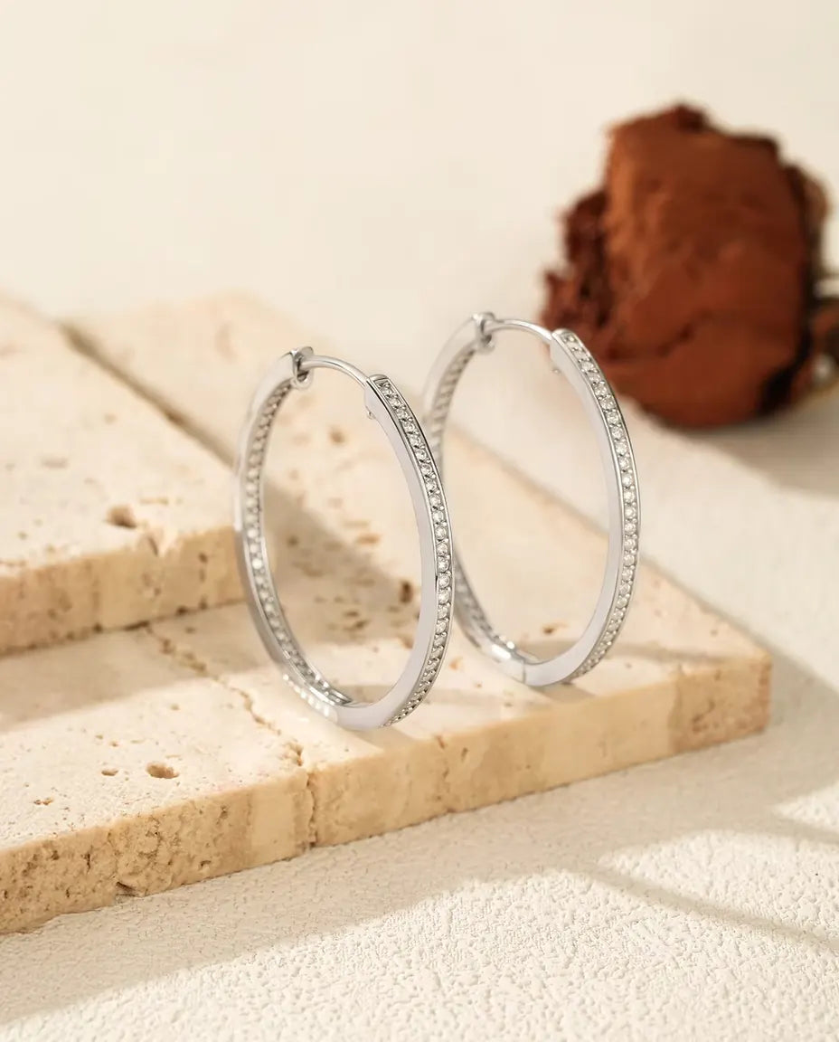 Orecchini a Cerchio in Moissanite 32 mm - 110 pietre incastonate all'interno, 0,88 ct colore D, argento 925