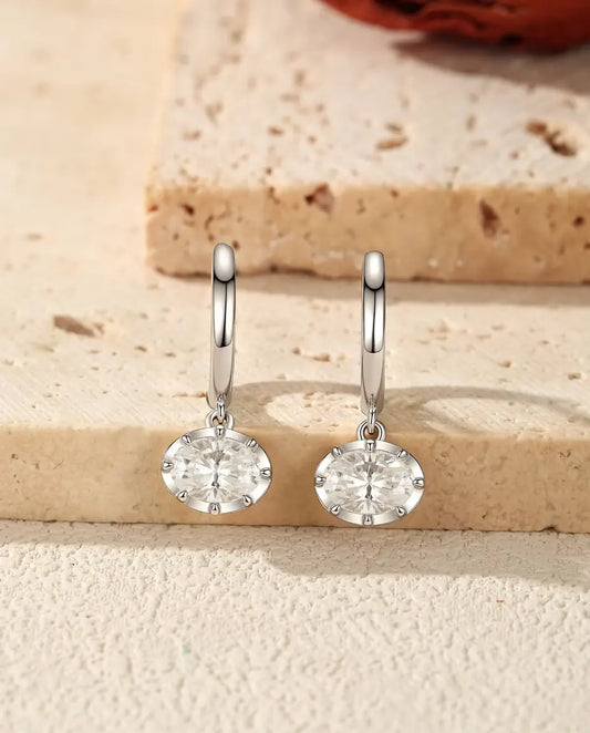 Orecchini a cerchio pendenti in moissanite ovale - pietre da 1,00 ct 5 x 7 mm, 21 mm di lunghezza, argento 925