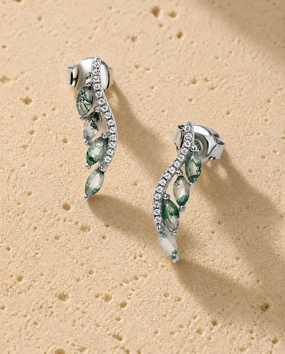 Orecchini climber in agata muschiata - Quattro pietre marquise su una curva pavé, argento 925, regalo per lei
