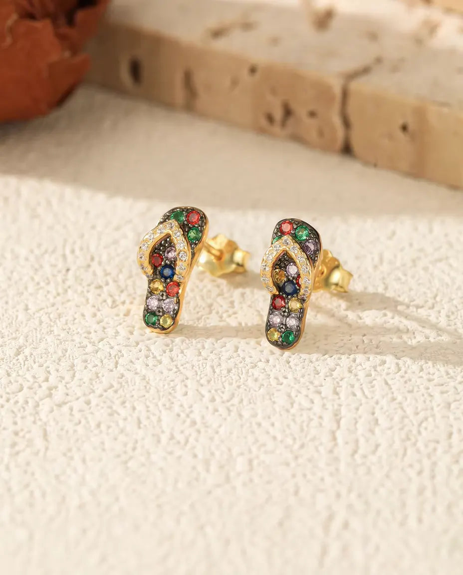 Orecchini Infradito con pietre colorate - argento 925 placcato oro 18 carati, 4,5 x 11 mm