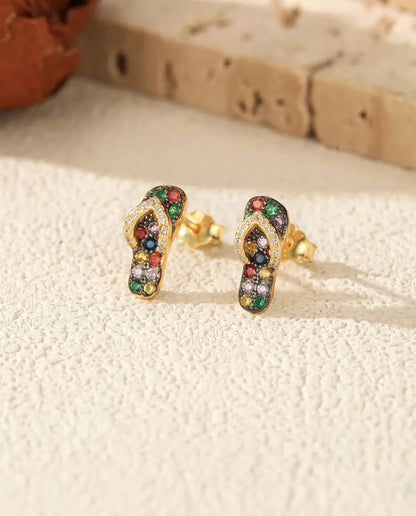 Orecchini Infradito con pietre colorate - argento 925 placcato oro 18 carati, 4,5 x 11 mm