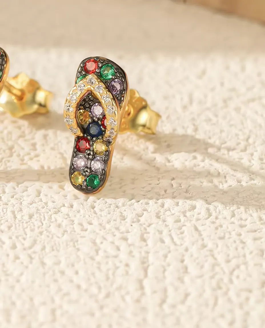 Orecchini Infradito con pietre colorate - argento 925 placcato oro 18 carati, 4,5 x 11 mm