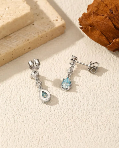 Orecchini moissanite azzurro aqua - una goccia da 0,50 ct 4 x 6 mm per orecchino con accenti in zircone, argento 925, 18 mm