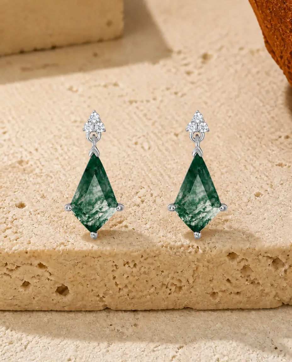 Orecchini pendenti in agata muschiata - Taglio aquilone con trio di zirconi, argento 925, regalo per lei