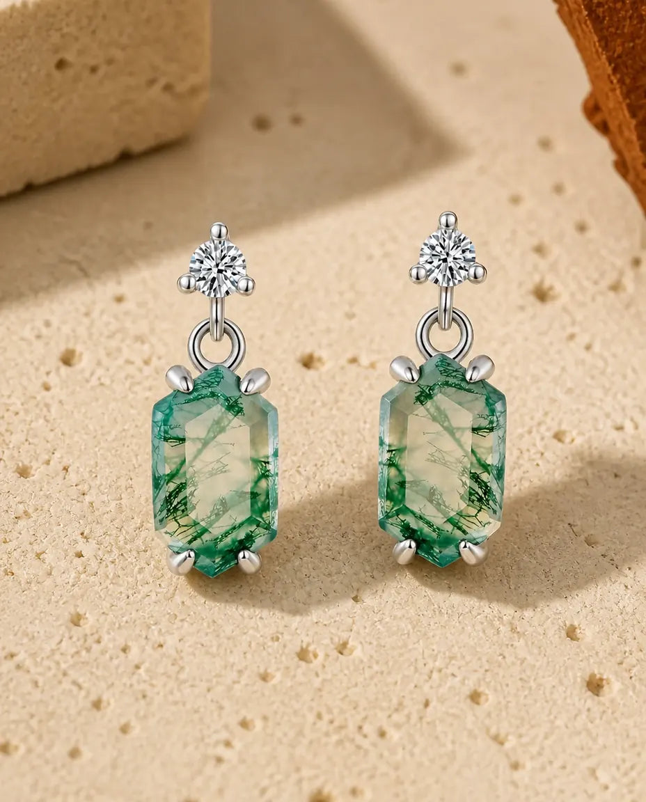 Orecchini pendenti in agata muschiata - Ottagono verde allungato con zircone, argento 925, regalo per lei e per la mamma