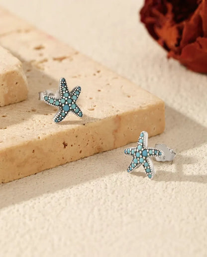 Orecchini Stella Marina Turchese da Donna - 10 mm in argento 925 brunito con pavé azzurro turchese, 1,05 g
