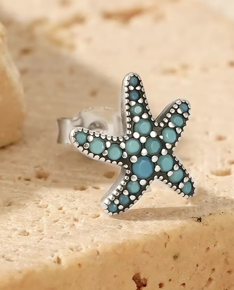 Orecchini Stella Marina Turchese da Donna - 10 mm in argento 925 brunito con pavé azzurro turchese, 1,05 g