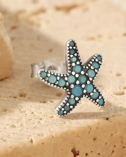 Orecchini Stella Marina Turchese da Donna - 10 mm in argento 925 brunito con pavé azzurro turchese, 1,05 g