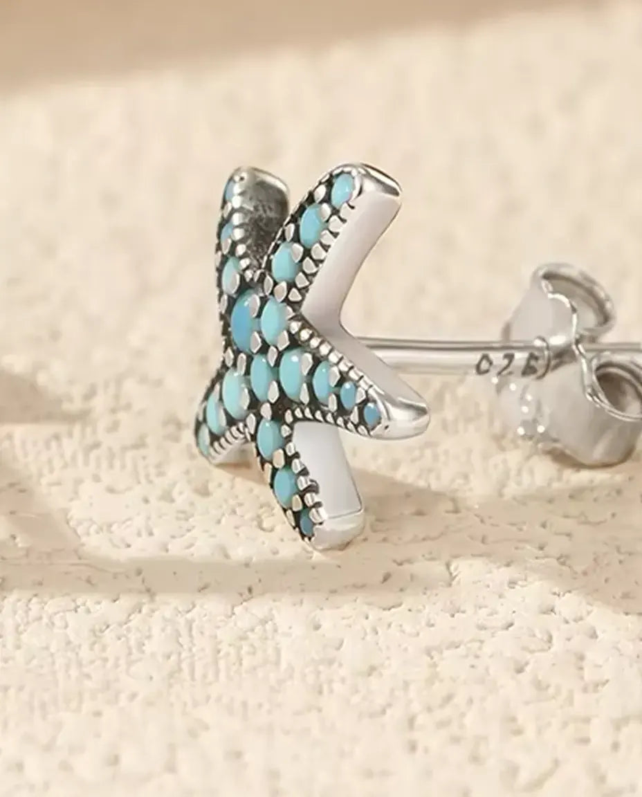 Orecchini Stella Marina Turchese da Donna - 10 mm in argento 925 brunito con pavé azzurro turchese, 1,05 g