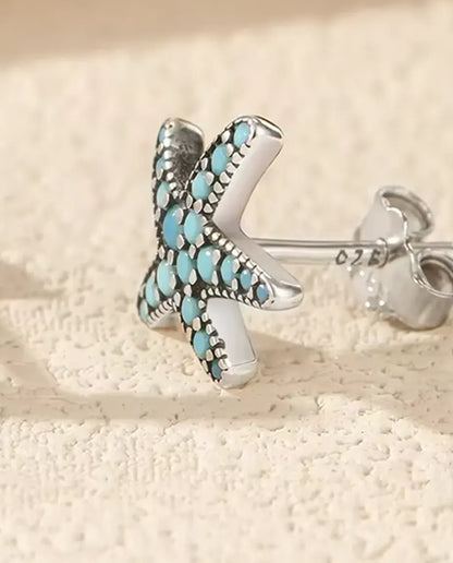 Orecchini Stella Marina Turchese da Donna - 10 mm in argento 925 brunito con pavé azzurro turchese, 1,05 g