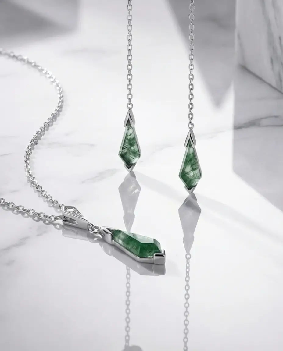 Parure in Agata Muschiata – Collana e Orecchini Taglio Aquilone, Argento 925 Finitura Platino