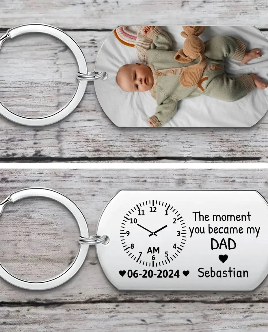Portachiavi in acciaio con foto personalizzata e incisione di ora, data e nome, regalo per neo papà