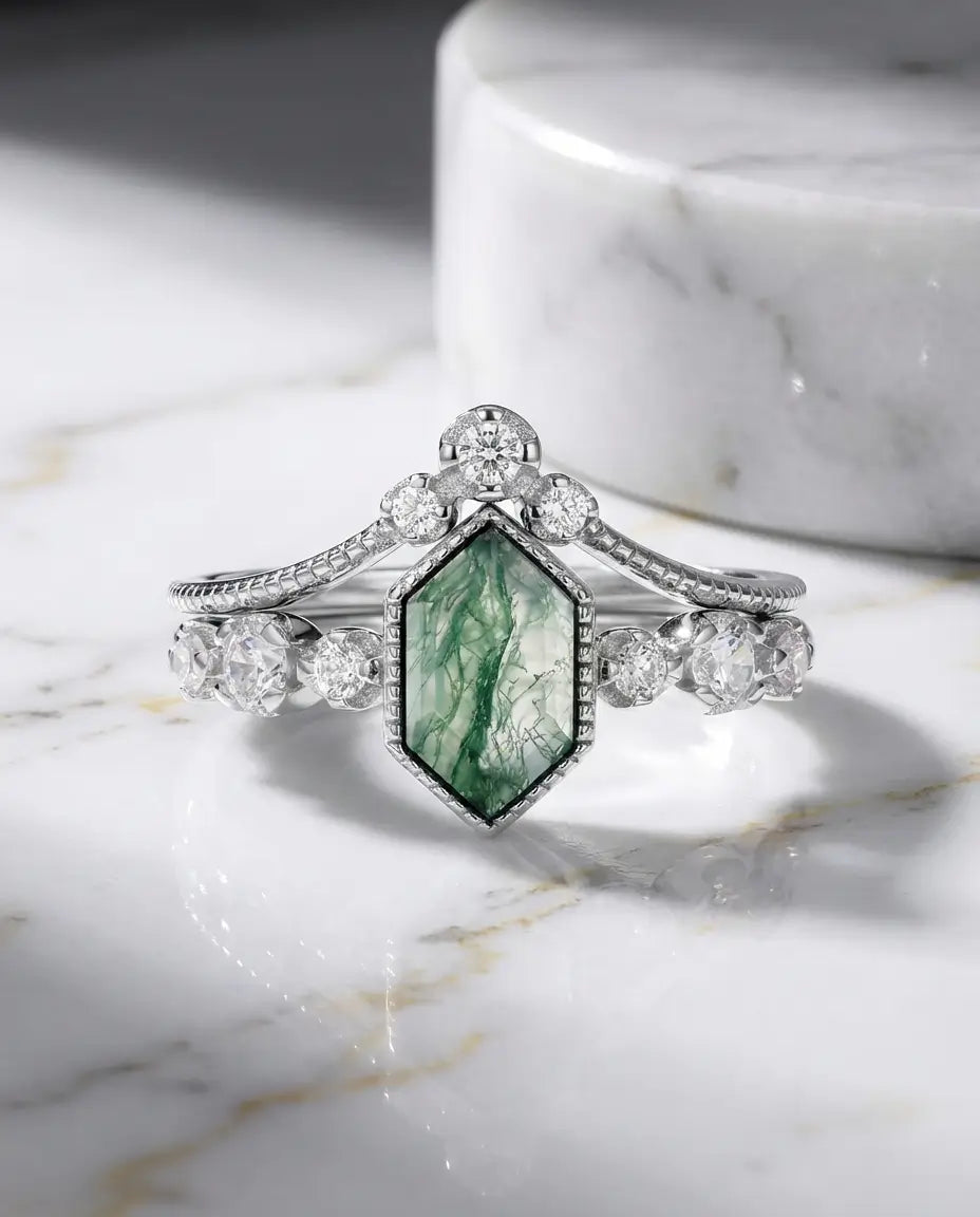 Set Nuziale Agata Muschiata Esagonale in Argento 925, Dettagli Milgrain Art Déco e Fedina a Tiara