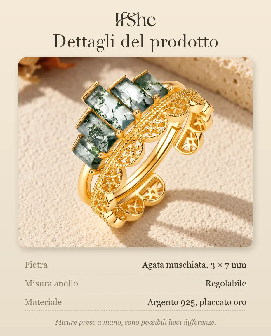 Set di 2 Anelli Impilabili Agata Muschiata in Argento 925 Placcato Oro - dettagli del prodotto: misura della pietra, misura dell’anello e materiale