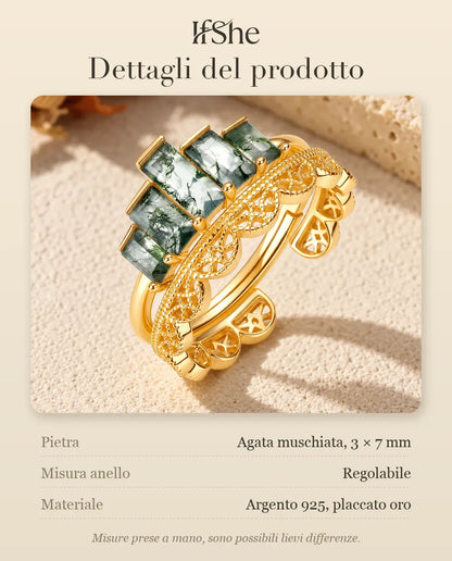 Set di 2 Anelli Impilabili Agata Muschiata in Argento 925 Placcato Oro - dettagli del prodotto: misura della pietra, misura dell’anello e materiale